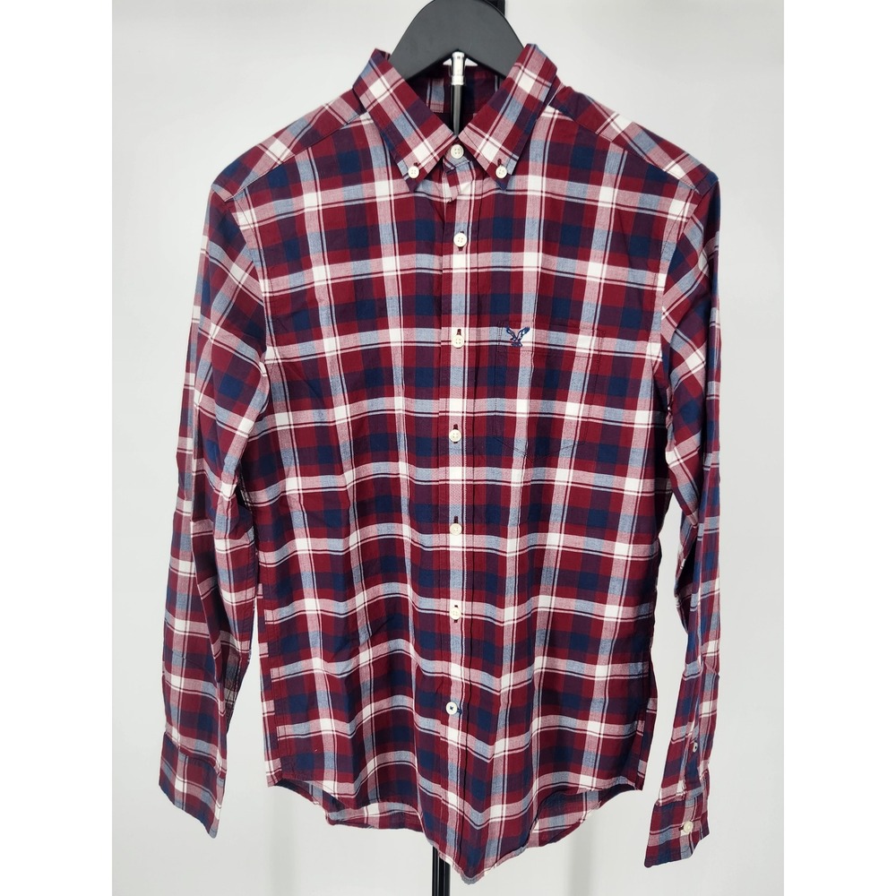 American Eagle Outfitters Athletic Fit Plaid Button Down Shirt Red Blue Mens S